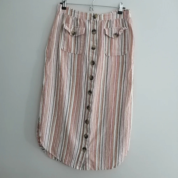 Urban Outfitters Carson Linen Blend Button Front Striped Midi Skirt Medium - Picture 3 of 16